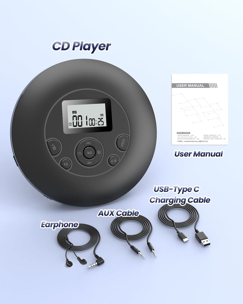 Desobry Portable CD Player with Rechargeable Battery Personal CD Players with Headphones LCD Display Anti-Skip Protection Playback Memory CD Player for Car Walkman CD Player Music Media Black