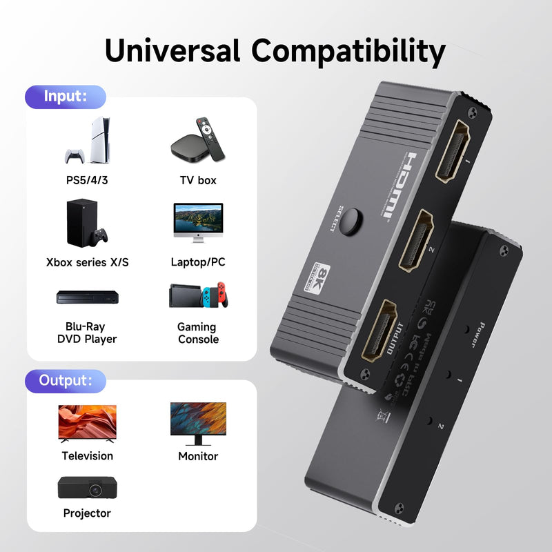 [AUSTRALIA] - HDMI Switch 2 in 1 Out, 8K@60Hz 4K@120Hz, Aluminum HDMI 2.1 Switcher, Supports VRR HDR10+ Dolby Vision 48Gbps HDMI Splitter, Perfect for Gaming, PS5, Xbox, Roku, Fire Stick(Black) Black 