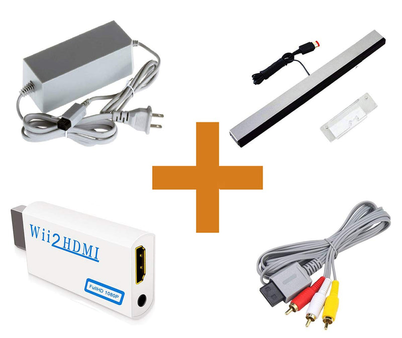 4 in 1 Wii Replacement Cables Set - AC Power Adapter, Wii to HDMI Converter, Wired Motion Sensor Bar and Composite AV Cable Sensor Bar + AV Cord + AC Adapter