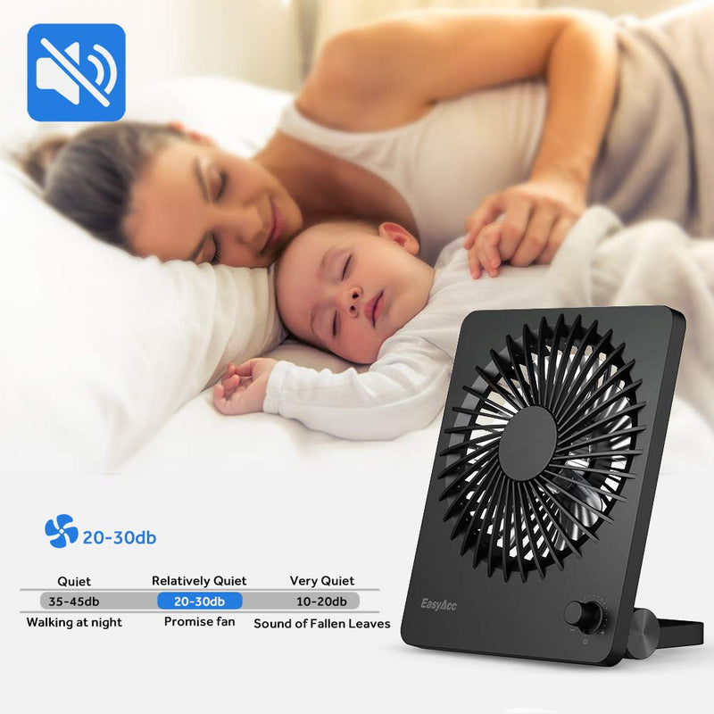 Portable Desktop Battery Operated Fan, EasyAcc 6-Inch Personal Small Desk Fan, [Quiet Step-less Speed Control Fan] 160°Tilt Foldable Hanging Standing Cooling Fan for Travel Office Home Outdoor Black