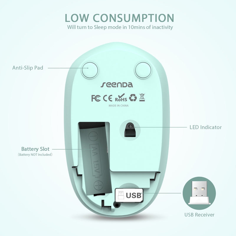 [AUSTRALIA] - seenda Wireless Mouse, 2.4G Noiseless Mouse with USB Receiver - Portable Computer Mice for PC, Tablet, Laptop with Windows System - Mint Green A Green 