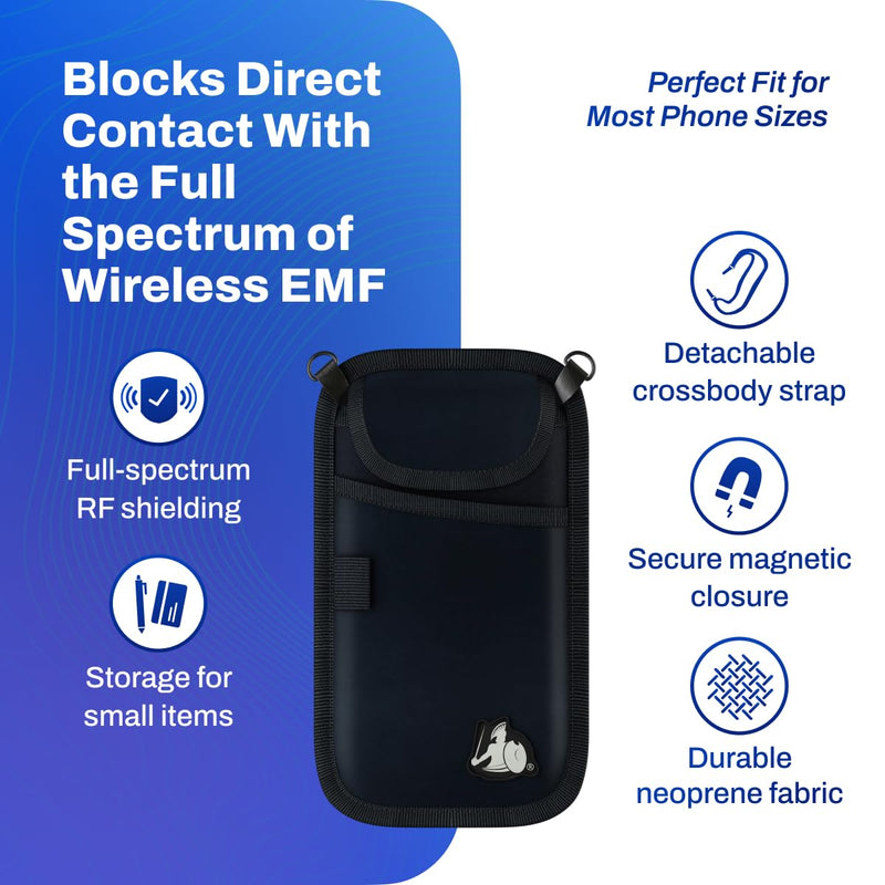 DefenderShield EMF Cell Phone Pouch with Extra Pocket (Black) | Lightweight Crossbody Pouch Case for Phones – EMF Shield for Cell Phone Wireless Signals Reduction