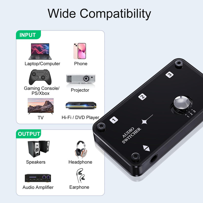 COOIDEA 3.5mm Stereo Audio Switcher Support 1 in 3 Out or 3 in 1 Out with 3.5mm Audio Cable, 3 Ports AUX Audio Speaker Selector for PC Phone Laptop Headphone