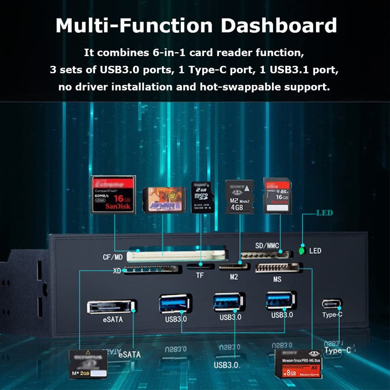 Bewinner 5.25inches Multifunction Internal Card Reader Dashboard PC Front Panel USB 3.0 Card Reader Internal with 3 USB 3.0 Ports Supports M2, MSO, SD, MS, XD, 64G CF Card