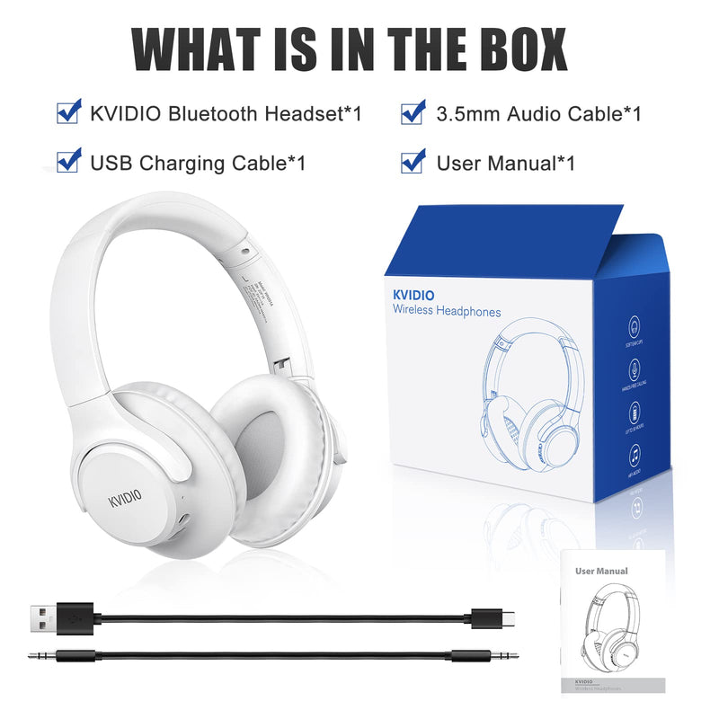KVIDIO Bluetooth Headphones Over Ear, 65 Hours Playtime Wireless Headphones with Microphone, Foldable Lightweight Headset with Deep Bass, HiFi Stereo Sound Low Latency for Laptop PC Cellphone White