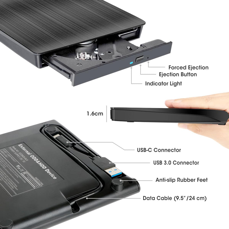 [AUSTRALIA] - ROOFULL External CD/DVD Drive for Laptop, USB 3.0 & USB-C Portable CD/DVD-RW Player Reader Writer Burner, Optical Disc Drive for Windows 11/10 PC, Mac, MacBook & Linux Computer, Model ECD829-Y 2 In 1 