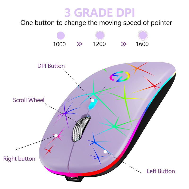 Wireless Mouse, 2.4G Portable Optical Quiet RGB Mouse with USB Receiver and Type C Adapter, 3 Adjustable DPI Levels, Wireless Computer Mouse for Laptop, Computer, PC, MacBook, Desktop Purple