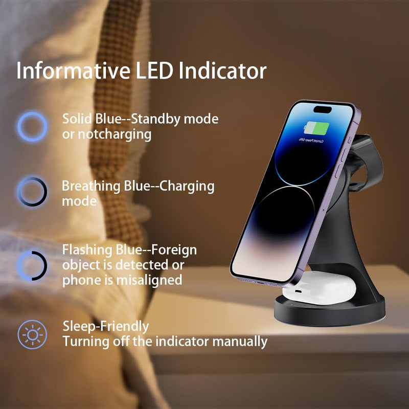 Wireless Charger,3 in 1 Magnetic Wireless Charger Stand, Fast Wireless Charging Dock for iPhone16/15/14/13/12 Series, Apple Watch Series, AirPods Pro. Black