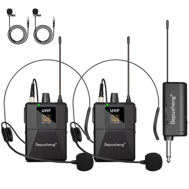 Depusheng UHF Microphone System -Wireless Microphone Set with Headset and Lavalier Lapel Mics, Beltpack Transmitter and Receiver,200ft Range, for Recording PA Speaker,Conference Q6MIC2