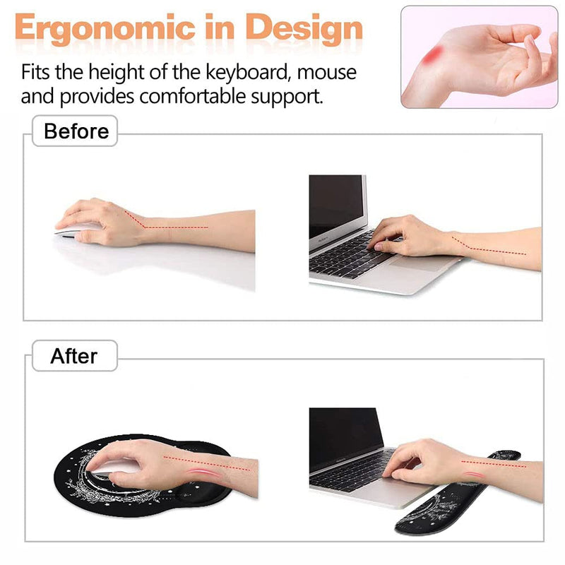 Keyboard Wrist Rest and Mouse Pad Wrist Support Set, Non-Slip PU Base, Easy Typing and Relieve Wrist Pain, Perfect for Home Office Working Studying, Celestial Theme Sun with Crescent Moon