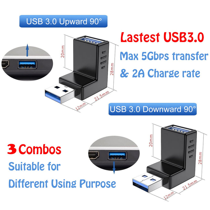 Warmstor 4-Pack USB 3.0 Male to Female Adapter 90 Degree Up Angle and Down Angle USB Cable Extender Connector - Upgraded Version Max 2A Charging Speed