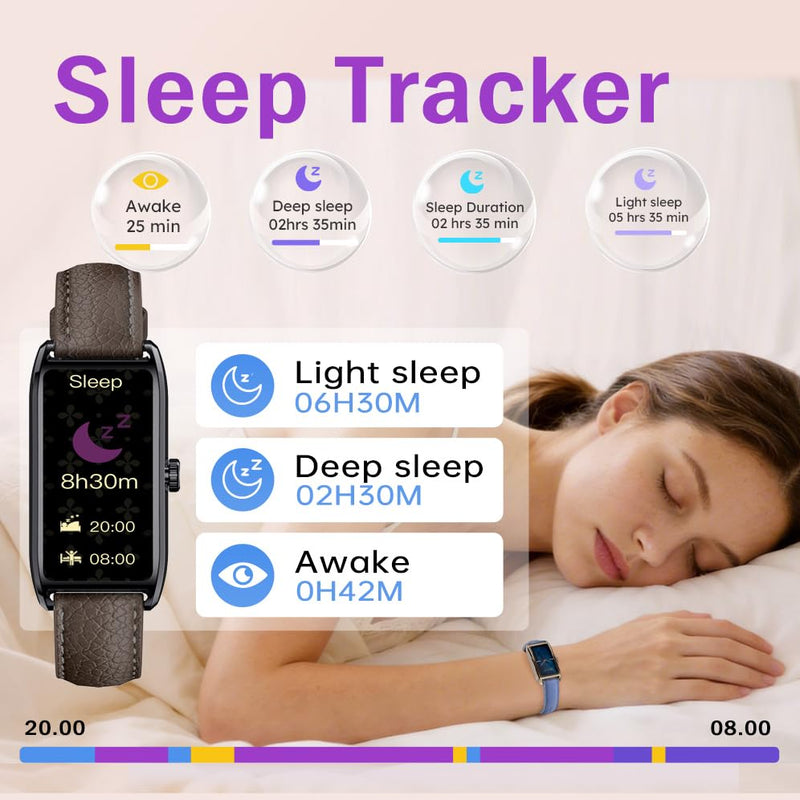 Loluka Fitness Tracker Luxury Slim Smart Bracelet for Women with Heart Rate Sleep Monitor Step Counter Calories Reloj Inteligente para Mujer 1.13''AMOLED Touch Color Screen Brown Leder Strap Black Brown