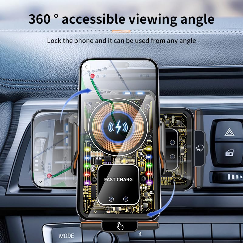 Wireless Car Charger, 15W Fast Auto-Clamping Vent Phone Holder | Transparent Design · 360° Rotation · Compatible with iPhone & Samsung Transparent White