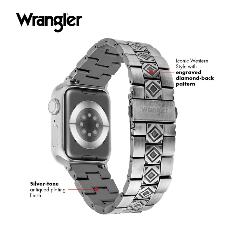 Wrangler® Silver Link Metal Band for Apple Watch®, Western Style, Unisex | Fits all Apple Watch® Series & Sizes, Adjustable Sizing - Fits Most Wrists, Silver-Tone Alloy Links, Dress or Casual Wear Frontier Links