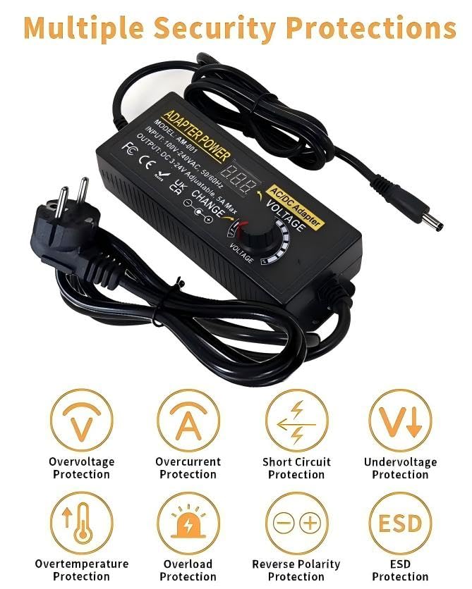 Adjustable Power Adapter 3-24V 5A 120W, Universal Power Supply 5A 120W Adjustable Power Supply Adapter, 100V-240V AC to DC 5A Power Supply with LED Voltage Display and 5.5 x 2.5 mm 14 Tips & Polarity