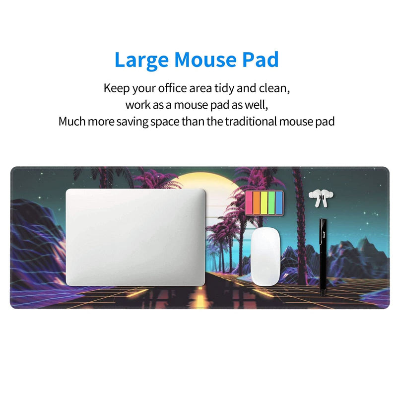 Retrowave Synthwave Large Gaming Mouse Pad XL Desk Mat Long Extended Mousepad Nonslip Rubber Base Stitched Edges Office Desktop Decor Mice Pads 31.5'' X 11.8''