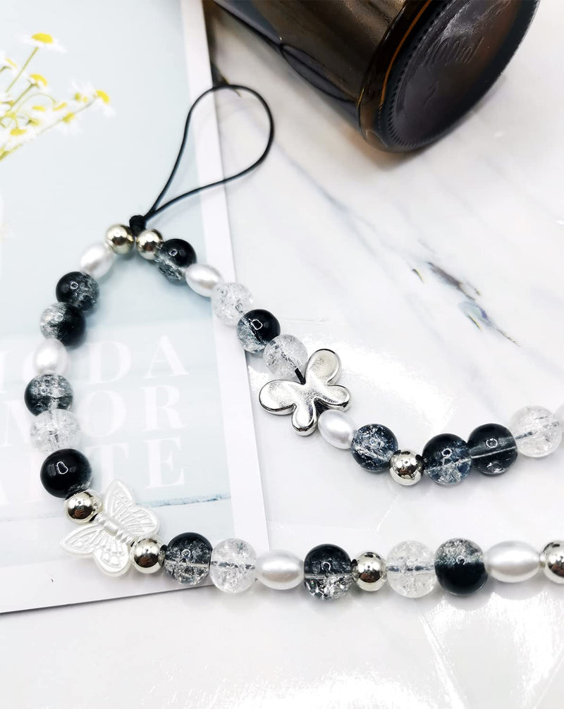 1-2 PCS Butterfly Y2K Beaded Phone Charm Black White Purple Blue Green Cute Charms Cell Phone Lanyard Strap Handmade Acrylic Flower Wrist Beads Chain Sweet Gifts for Girls Women Black Butterfly