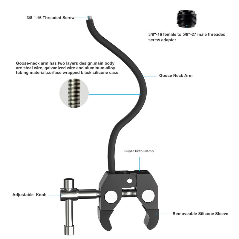 Gooseneck Microphone Stand,19.69" Flexible Adjustable Arm Super Crab Clamp Mic Clip 3/8"-16 to 5/8"-27 Adapter Mount,Compatible with Shure/Fifine / AT2020 / Pyle/Blue Snowball/Razer Gooseneck Microphone Stand