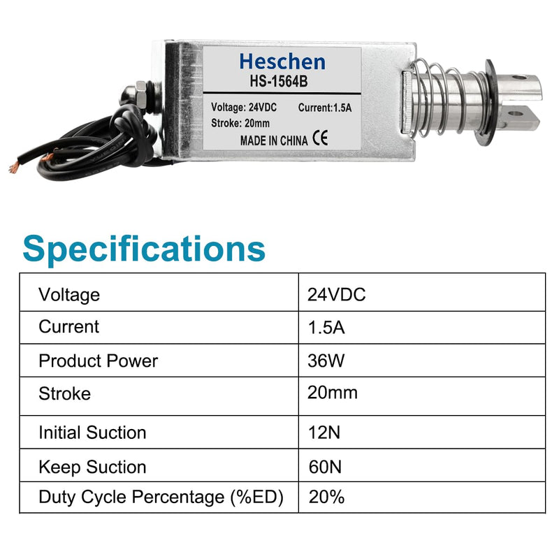 Solenoid Electromagnet, HS-1564B, DC24V 1.5A, 20mm Stroke, Force 60N, Push Pull Type, Open Frame, Linear Motion