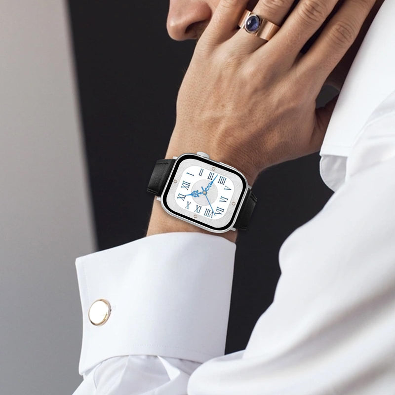 2 Pack Leather Bands(Blue,Black) Compatible with Apple Watch Band 40/38/41/42/44/45/46/49mm, Soft Leather Watch Replacement Band for Watch Series Ultra SE 10 9 8 7 6 5 4 3 2 1 for Women Men