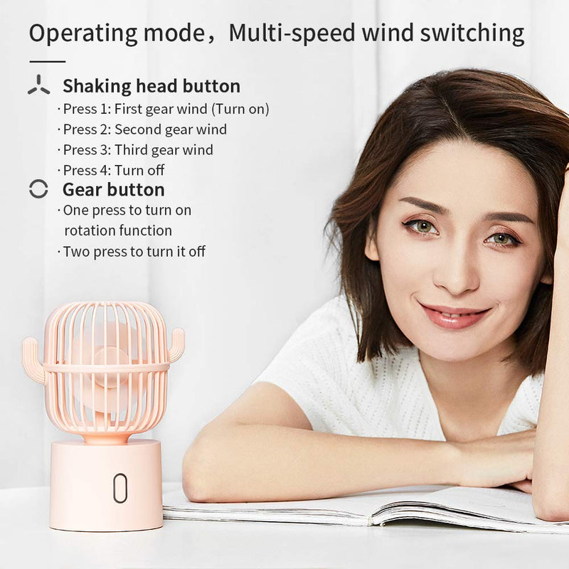 Small Desktop USB Table Desk Fan Personal Fan, Cactus Mini Handheld Rechargeable 80 Degree Auto Rotation Portable Fans, 3 Speeds Strong Wind, Quiet Operation Fan for Girls Baby Room Home Office Pink