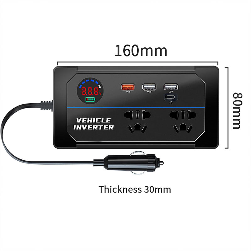 200W Car Power Inverter, DC 12V to 110V AC Car Plug Adapter Outlet with 4 USB Fast Charging Port(3xUSB A, 1xUSB C), LED Display, Dual AC Outlet, Power Inverter for Vehicles, Laptops, Phones, Black