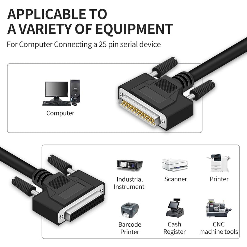 DB25 25 Pin 6.6 Feet(2 Meter) Two Row Straight Through Serial Cable, Double Shielded(Metal Braiding&AL-foil), Female to Male, Black, SC920S08FM 6.6 feet(2 meter)