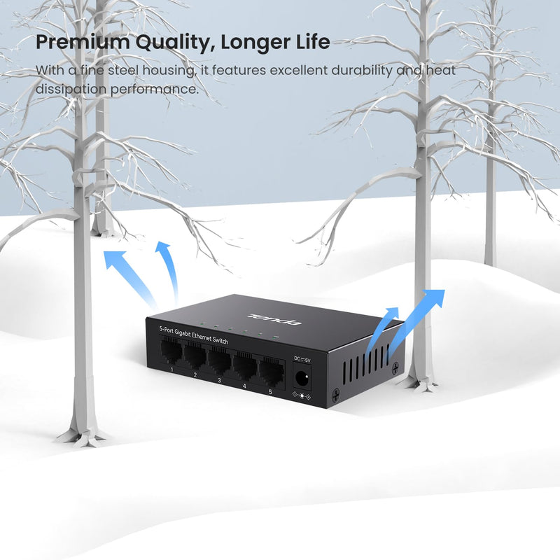 Tenda 5 Port Gigabit Switch, Unmanaged Desktop Network Switch, Ethernet Splitter with Traffic Optimization, Plug & Play, Fanless Silent, Metal Csase, Network Hub for Router, NAS, PC ( TEG1005D) Charcoal