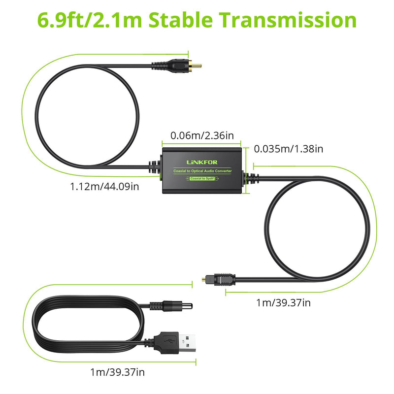 LiNKFOR 192kHz Coaxial to Optical Converter 6.6FT Coaxial to Optical SPDIF Toslink Converter with Built-in 3.3FT Toslink and 3.3FT Coaxial Cable for Older TV DVD Soundbar Amplifier Coaxial to SPDIF
