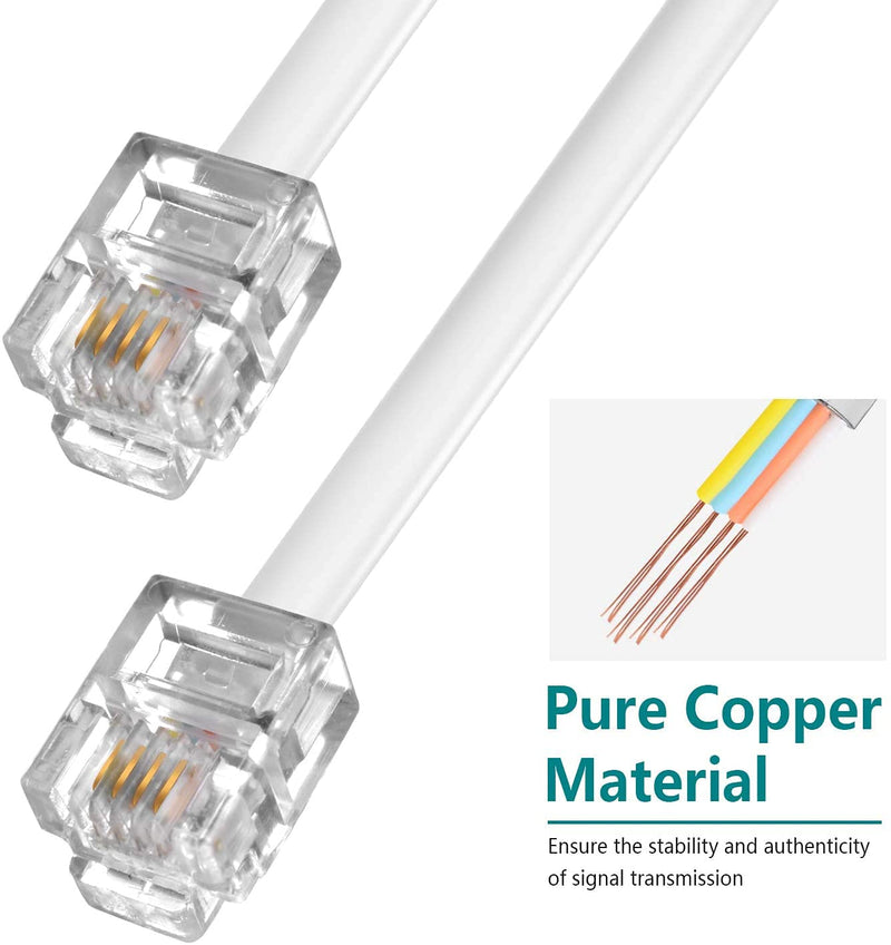 Phone Extension Cord 50 Ft, Telephone Cable with 1 in-Line Couplers and 20 Cable Clip Holders and Standard RJ11 Plug, White