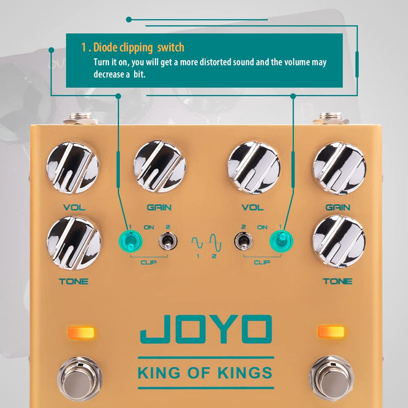 JOYO Dual Crunch Pure Analog Circuit Overdrive Effect Pedal with Independent Clipping for Electric Guitar - True Bypass (King of Kings R-20) Overdrive,Crunch,Analog Gold