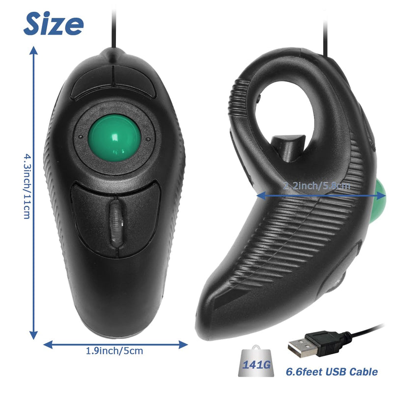 YUMQUA Finger Mouse, Handheld Trackball Mouse USB Wired Hand Held Thumb Ring Mice with Roller for Laptop Mac Window Computer Fits Left and Right Handed Users