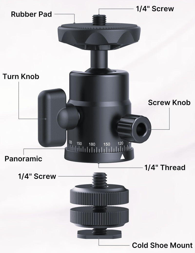 [AUSTRALIA] - XIAOTJ Mini Ball Head with Hot Shoe Mount Adapter, Metal 360° Rotating Panoramic Tripod Head with 1/4" Screw, for Monitor/LED Light/Action Cameras/Phone Holder Attach DSLR Camera Cage Cold Shoe Mount 