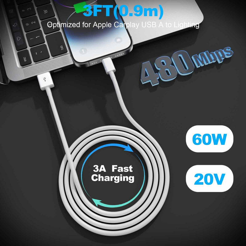 [AUSTRALIA] - Car Apple Carplay Cable，USB A to Lightning Cable Compatible with iPhone 14 13 12 11 Pro Max XR XS X Charger Cord，Car Charging Cable White 