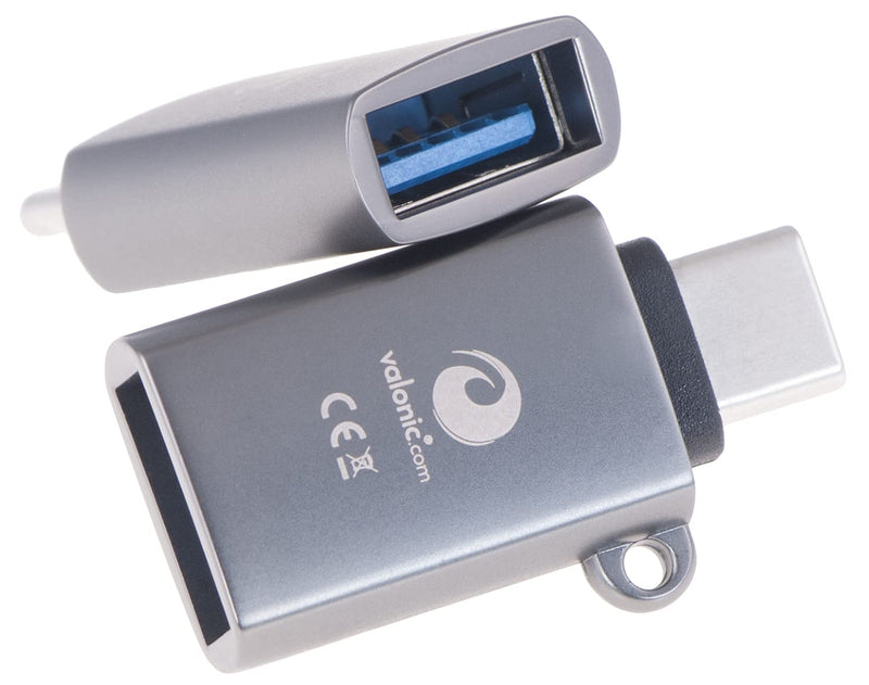 valonic USB C to USB A Adapter - 2 Pieces, Gray - incl. Eyelet and Keychain - USBC Adapter for MacBook, External Hard Drive, USB Stick.