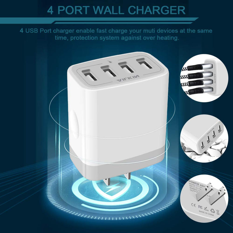USB Charger Cube, Wall Charger Plug, AILKIN 4.8A 4-Muti Port USB Adapter Power Plug Charging Station Box Base Replacement for iPhone 15 14 13 12 11 Pro Max/X/8, iPad, Samsung Phones USB Charging Block White 1