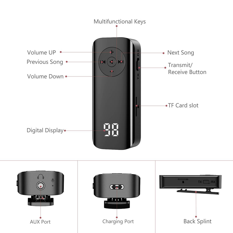 Bluetooth 5.3 Transmitter Receiver, [Upgraded] Aux Bluetooth Adapter for Car, Bluetooth Audio Receiver, Support TF Card, Hand-Free Call, Navigation, for Car Home Stereo, TV, Headphones