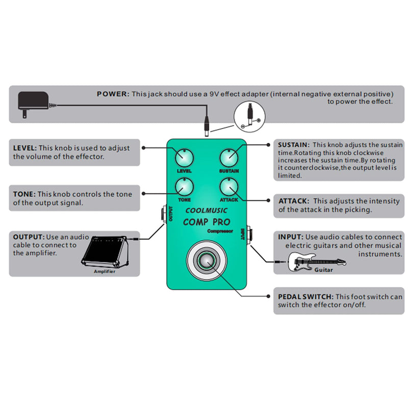 COOLMUSIC C-CS01 Compressor Pedal, Comp Guitar Pedal Compression Effect Electric Guitar and Bass True Bypass
