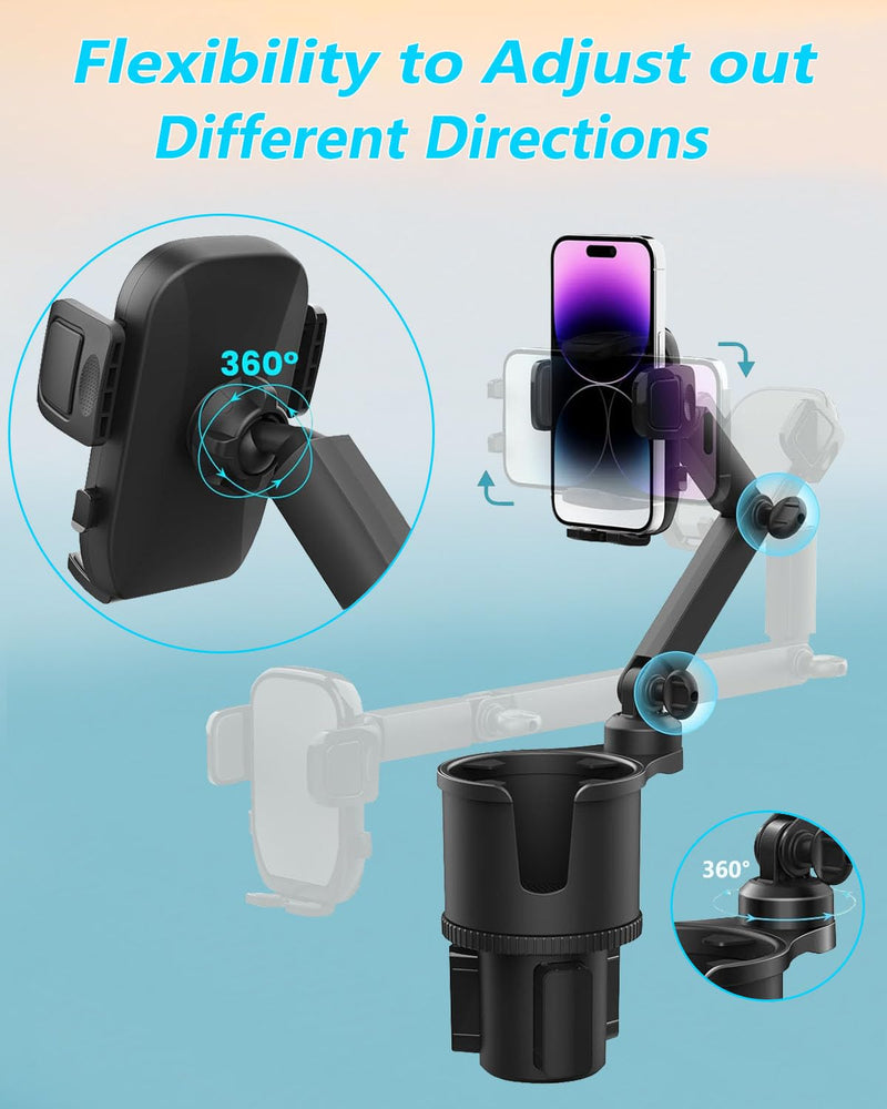 2-in-1 Cup Phone Holder for Car, 360° Adjustable Car Phone Mount | Anti-Slip Phone Cup Holder Long Arm, Fits 2.5–4" Cup Slots, Stable Holds Phones & Large Bottles, Compatible iPhone 17/16 Pro black