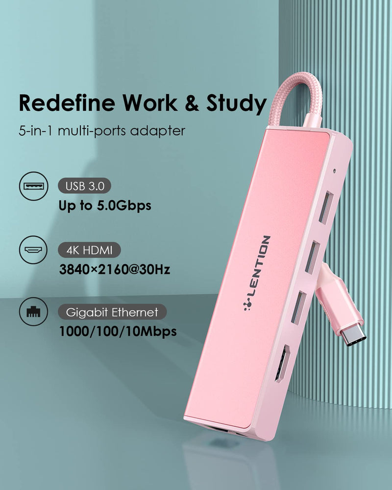 LENTION USB C Hub with Gigabit Ethernet Adapter, 4K HDMI, 3 USB 3.0 Dongle for 2022-2016 MacBook Pro 13/14/15/16, New Mac Air & Surface, Chromebook, More, Stable Driver Certified (CB-C25, Rose Gold)