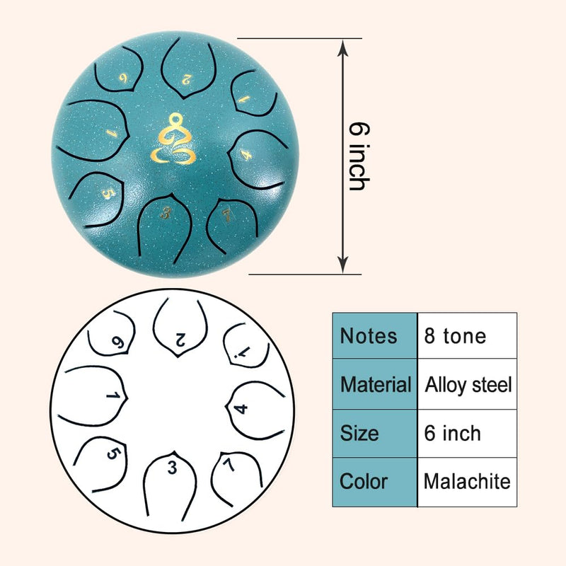 Steel Tongue Drum 6 Inches 8 Notes C Major Steel Drums Rain Chimes for Outside Percussion Instrument with Drum Mallets and Carry Bag 6 Inch 8 Notes C Major Malachite Green