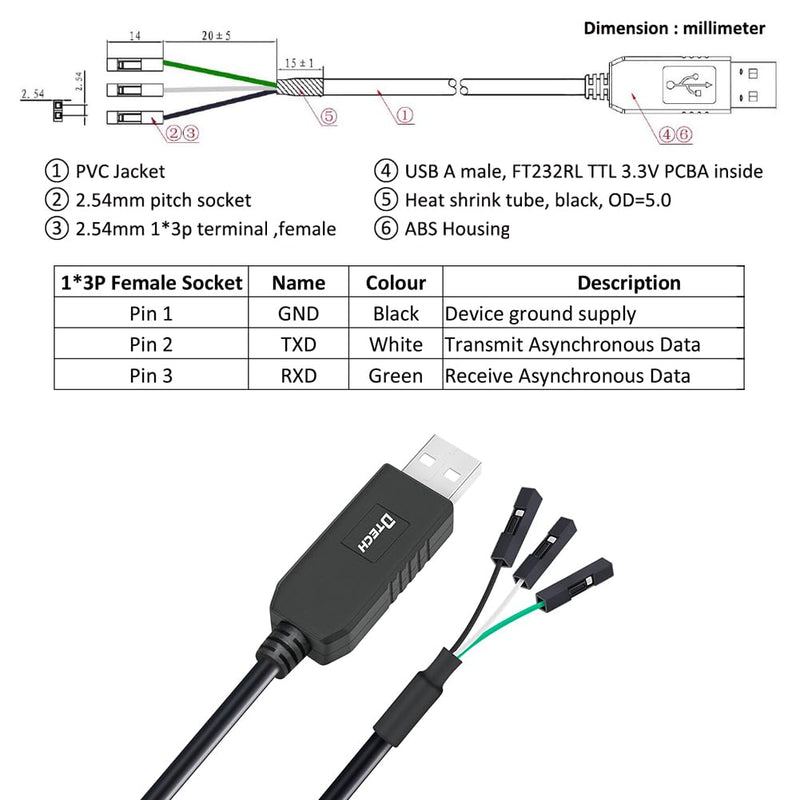 DTECH 3ft USB to TTL Serial Cable 3.3V 3 Pin TX RX Signal UART Adapter Debug Cord Compatible with Windows 11 10 8 7 Linux MAC OS Genuine FT232RL Chip 3Pin 3v3 2.54mm Dupont Female Header (Pack of 2) 6ft/1.8m (Pack of 2)