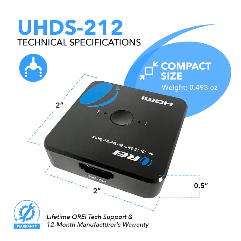 OREI HDMI Switch 4K HDMI Splitter - 2x1 Bi Directional - 4:4:4 8-bit - HDMI 2.0, HDCP 2.2, 18 Gbps, 4K @ 60Hz HDMI UltaHD High Resolution Switch Between 2 Inputs or Toggle Displays (UHDS-212) 2x1 Bi-Directional Splitter