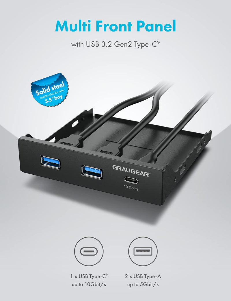 GRAUGEAR 3.5 Inch Front Panel Hub, Internal Multi USB Slots of USB 3.2 Gen 2 USB-C and 2 USB 3.0 Ports, 20-Pin USB 3.2 Key-A Header Required, Fits 3.5" PC Computer Case Front Bay [G-MP01]