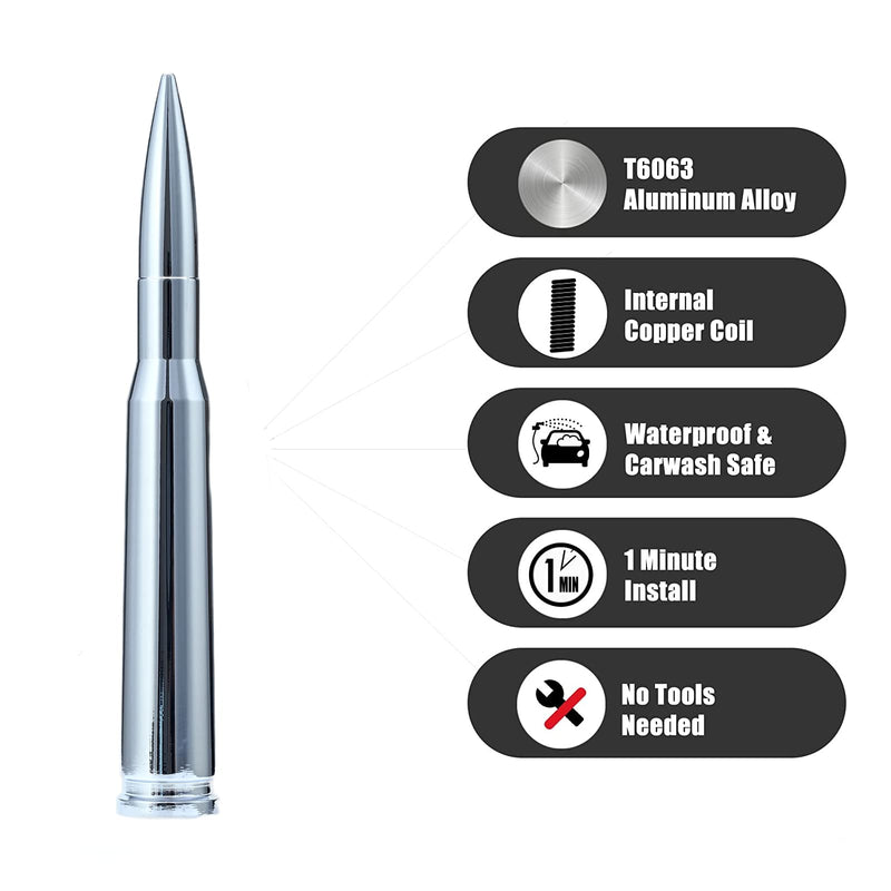 50 Cal Truck Chrome Bullet Antenna Fit for Ford F150 F250 F350 Raptor/Dodge RAM 1500 2500 3500/Chevrolet Silverado & GMC Sierra-Short Replacement Antenna 1990 - Current (Chrome)