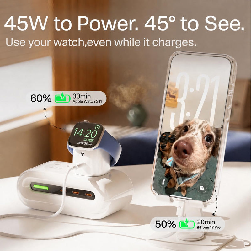 TORRAS Flasheye 2-in-1 45W GaN USB-C Charger for Apple Watch,iPhone W-White | Foldable Compact Wall Charger Block for Travel and Bedside, Fast Charging for iPhone, Watch, iPad and AirPods, Warm White A.Warm White Pearlescent