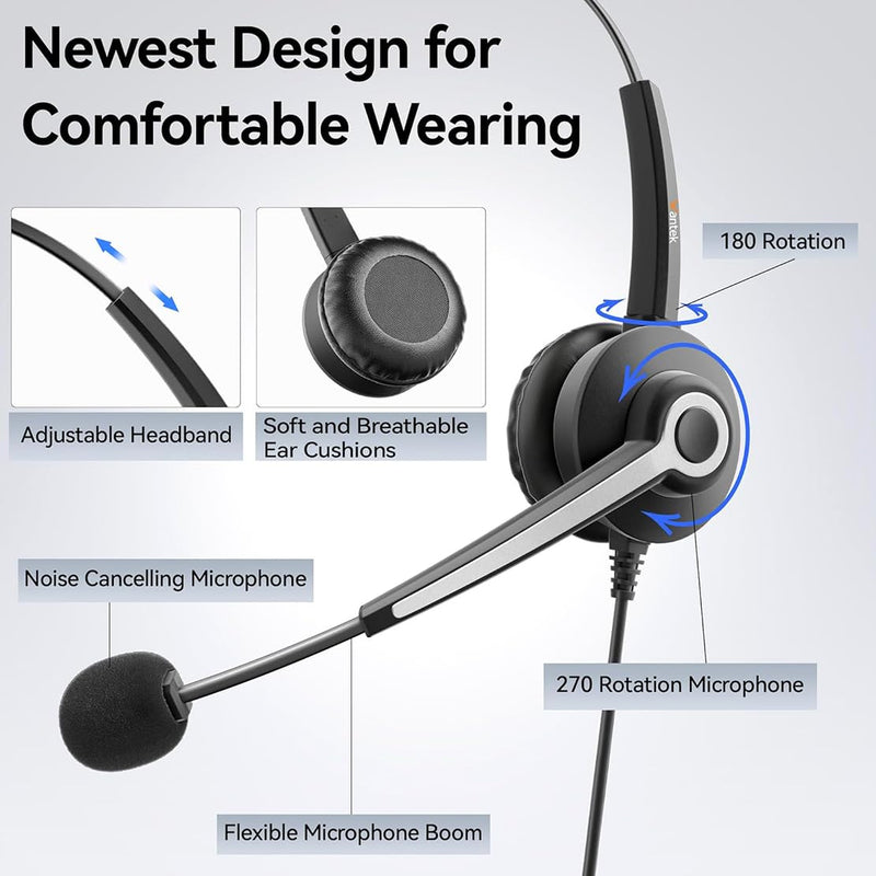Wantek USB-A/USB C/3.5mm Jack 3-in-1 PC Headset, Wired & Noise with Noise-Cancelling Microphone for Laptop - Type-C Computer Headphones with Mic in-line Control for Home Dark Black