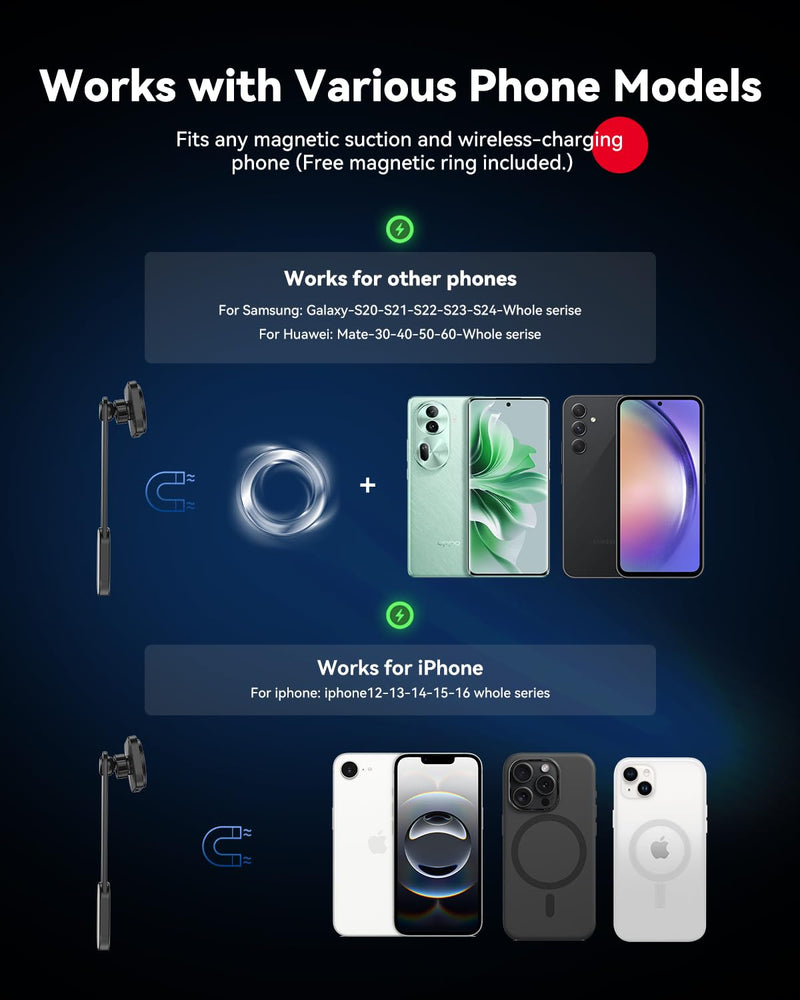Spedal Qi2 15W Magnetic Car Charger Mount, for MagSafe-Compatible Car Phone Holder with Strong Magnet, 360° Adjustable Wireless Charging Mount for iPhone 16/15/14/13/12