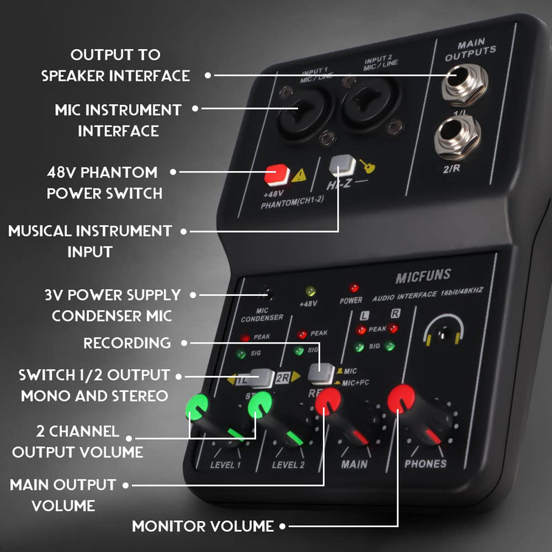 [AUSTRALIA] - Mini 2 channel audio DJ mixer console interface with 48V phantom power Combo Jack Microphone/Guitar XLR+6.35mm, 3.5mm Stereo in, Headphone Jack for studio live show,party recording 
