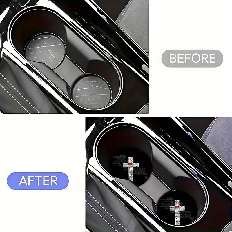 2pcs Cross Text Car Coasters Vintage Pattern Cup Holder Mat Vehicle | 2-piece set; designed to protect cup holders from dust and spills; fits cars, trucks and home or office cup holders. Cross Letter